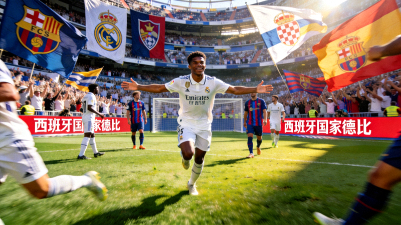 皇马对阵巴萨的西班牙国家德比精彩瞬间 - 贝林厄姆庆祝进球