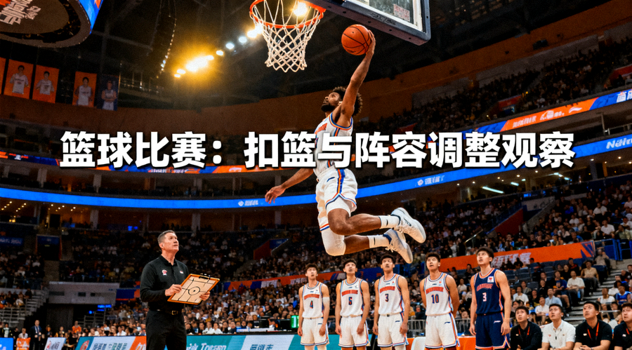 篮球比赛中球员完成扣篮，球队阵容调整与球员表现观察配图