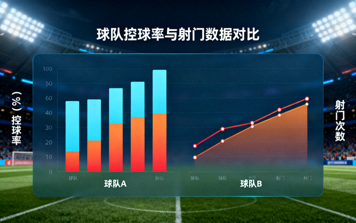 体育比赛数据分析界面，展示球队控球率与射门数据对比图表