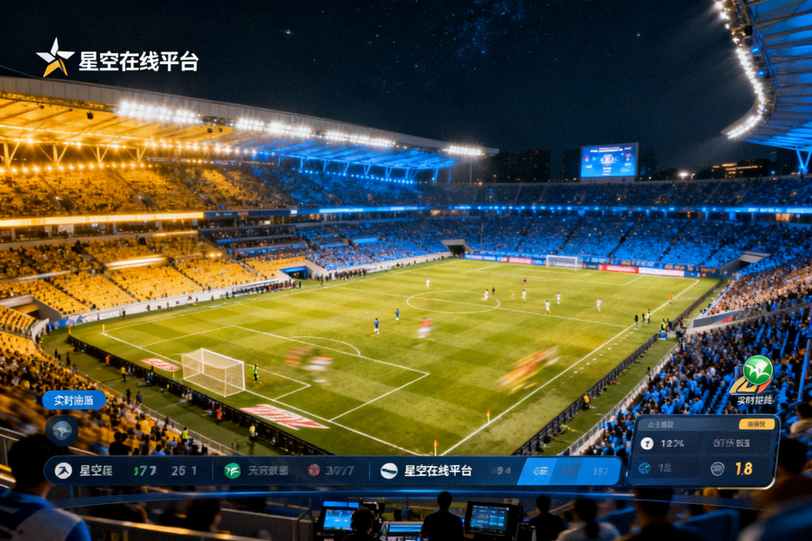 夜晚灯光下的足球场全景，星空在线平台实时赛事直播画面